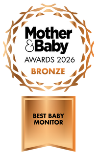 A bronze award badge for “Mother & Baby Awards 2026” with the text “Bronze” and a ribbon below that says “Best Baby Monitor.” The badge has a decorative bronze wreath border.