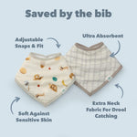 2 French Breakfast Bandana Bibs with text highlighting features on a light blue background