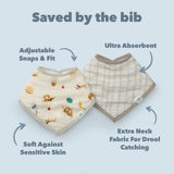 2 French Breakfast Bandana Bibs with text highlighting features on a light blue background