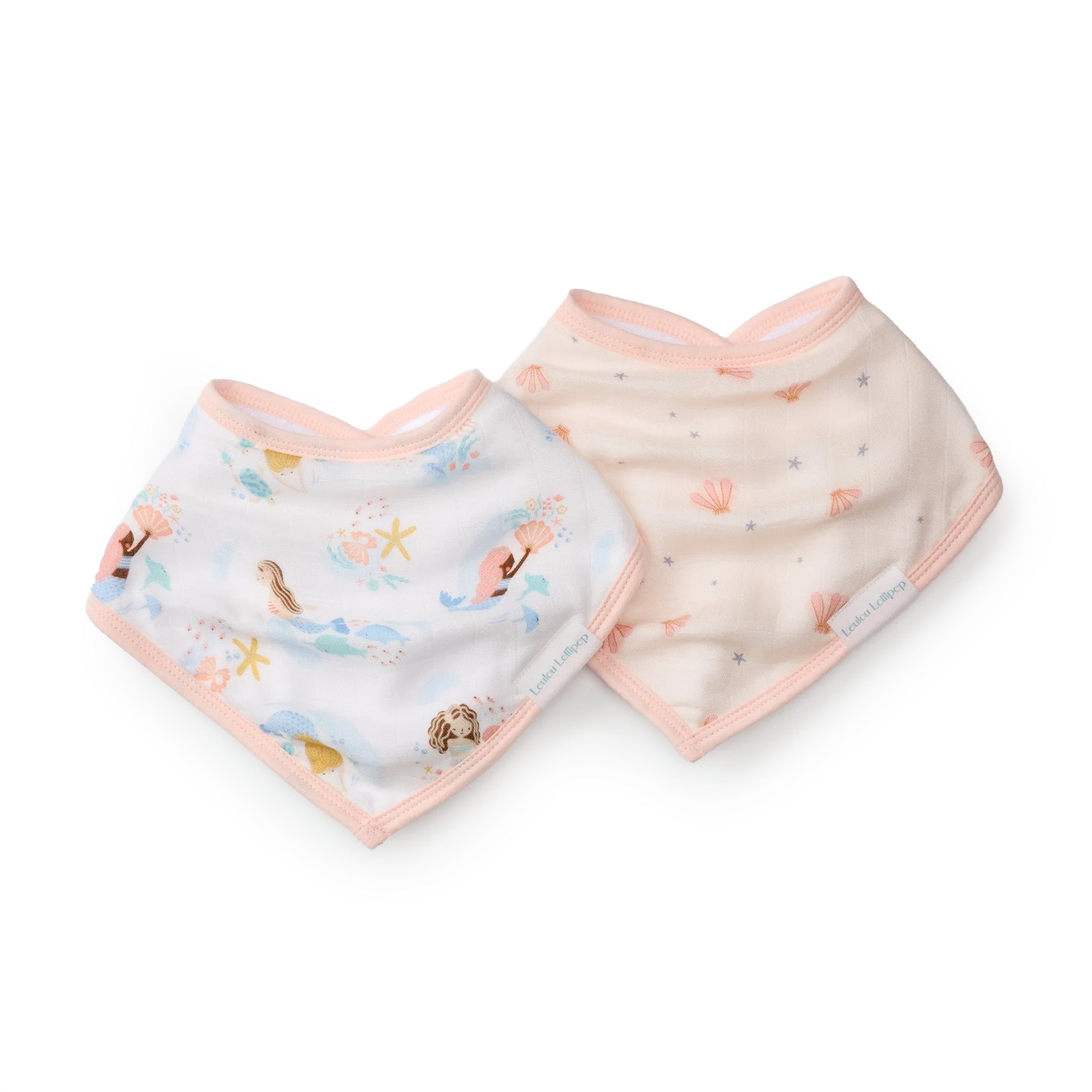 Mermaid Bandana Bibs with colorful designs on a white background