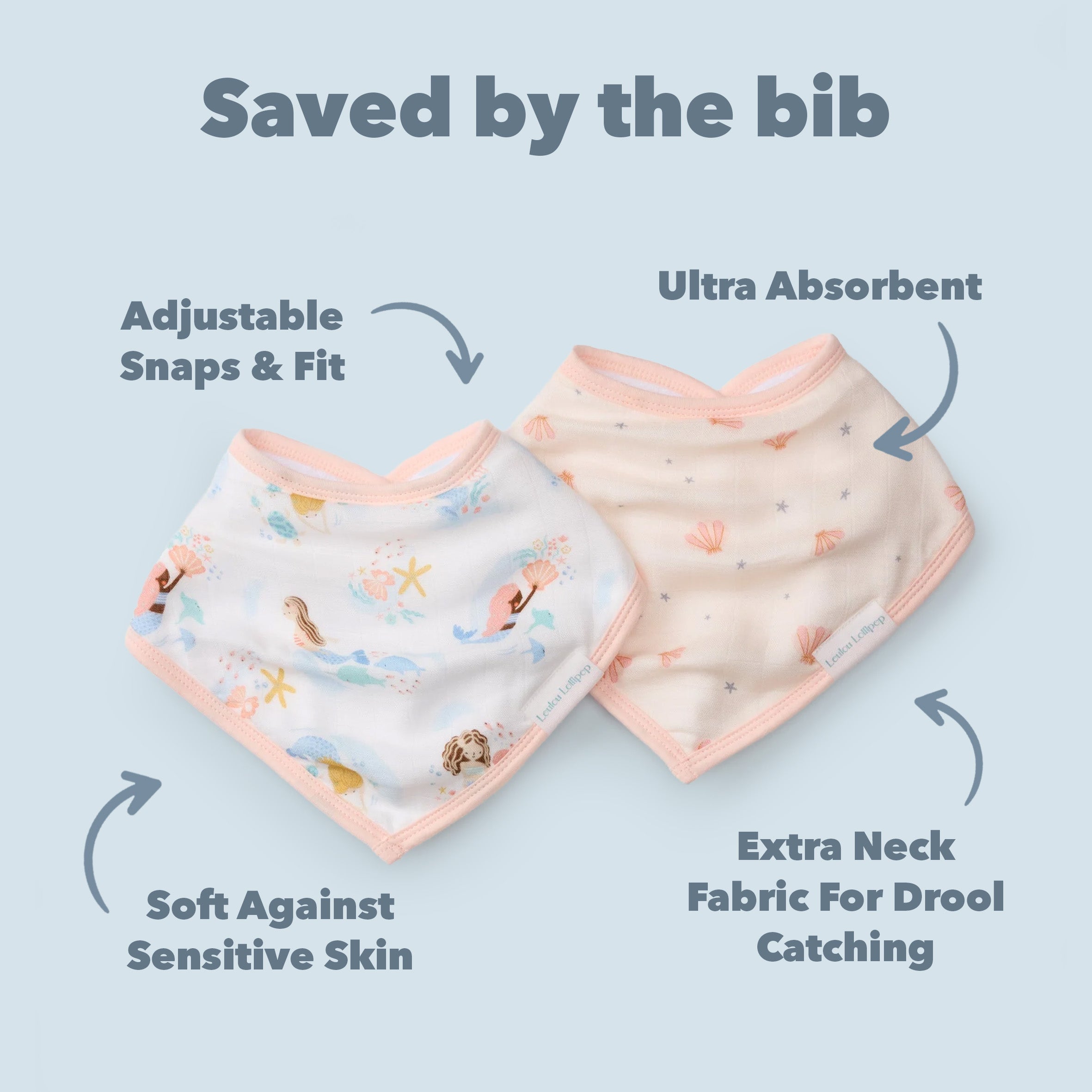 Mermaid Bandana Bibs with features highlighted on a light blue background