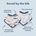Smiley Sharks Bandana bib on a light blue background, featuring text on benefits