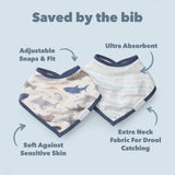 Smiley Sharks Bandana bib on a light blue background, featuring text on benefits