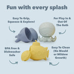 Ocean Wonder Bath Toy Set with text highlighting features on a light blue background