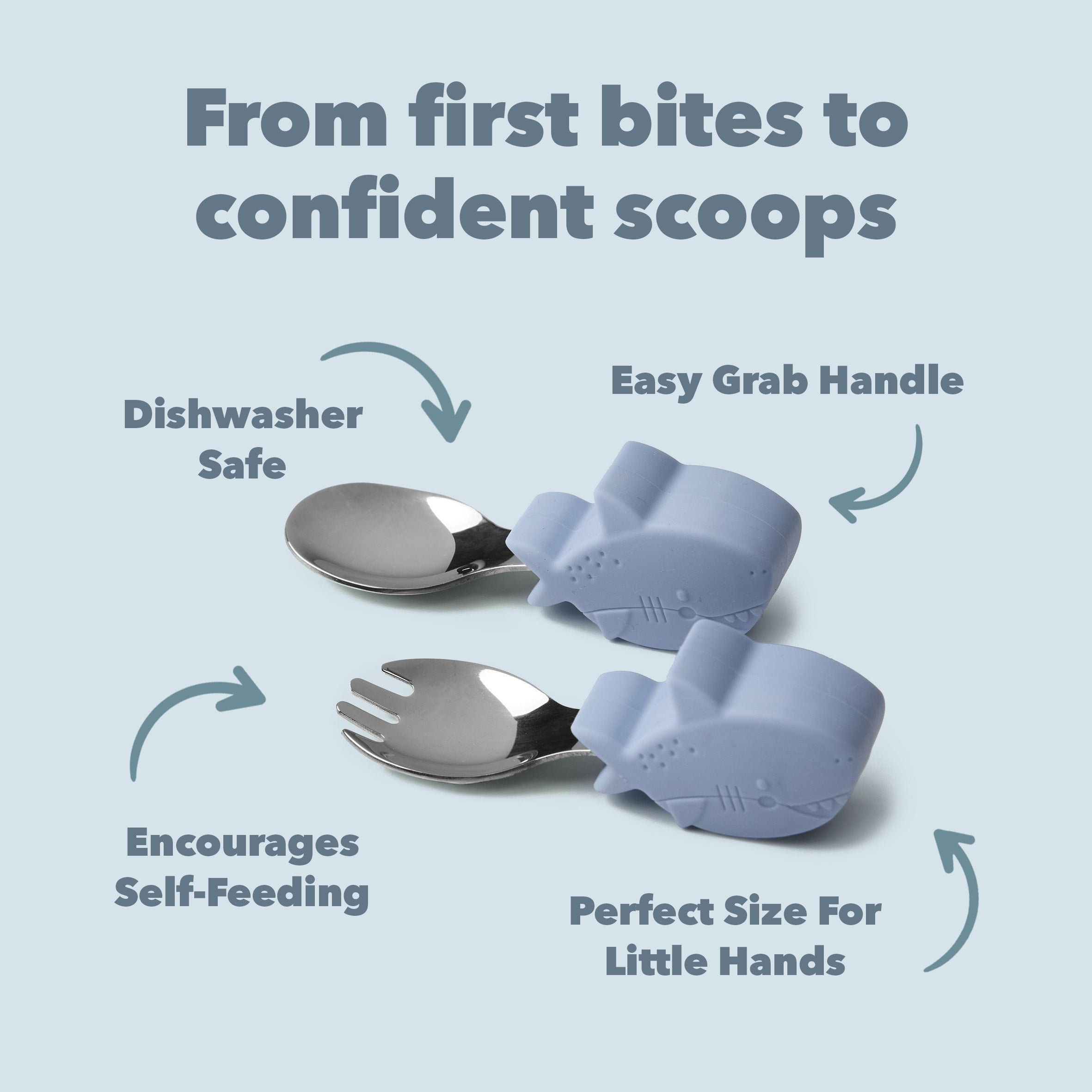 Sarah Shark Learning Utensils on a light blue background, featuring text about the product's features