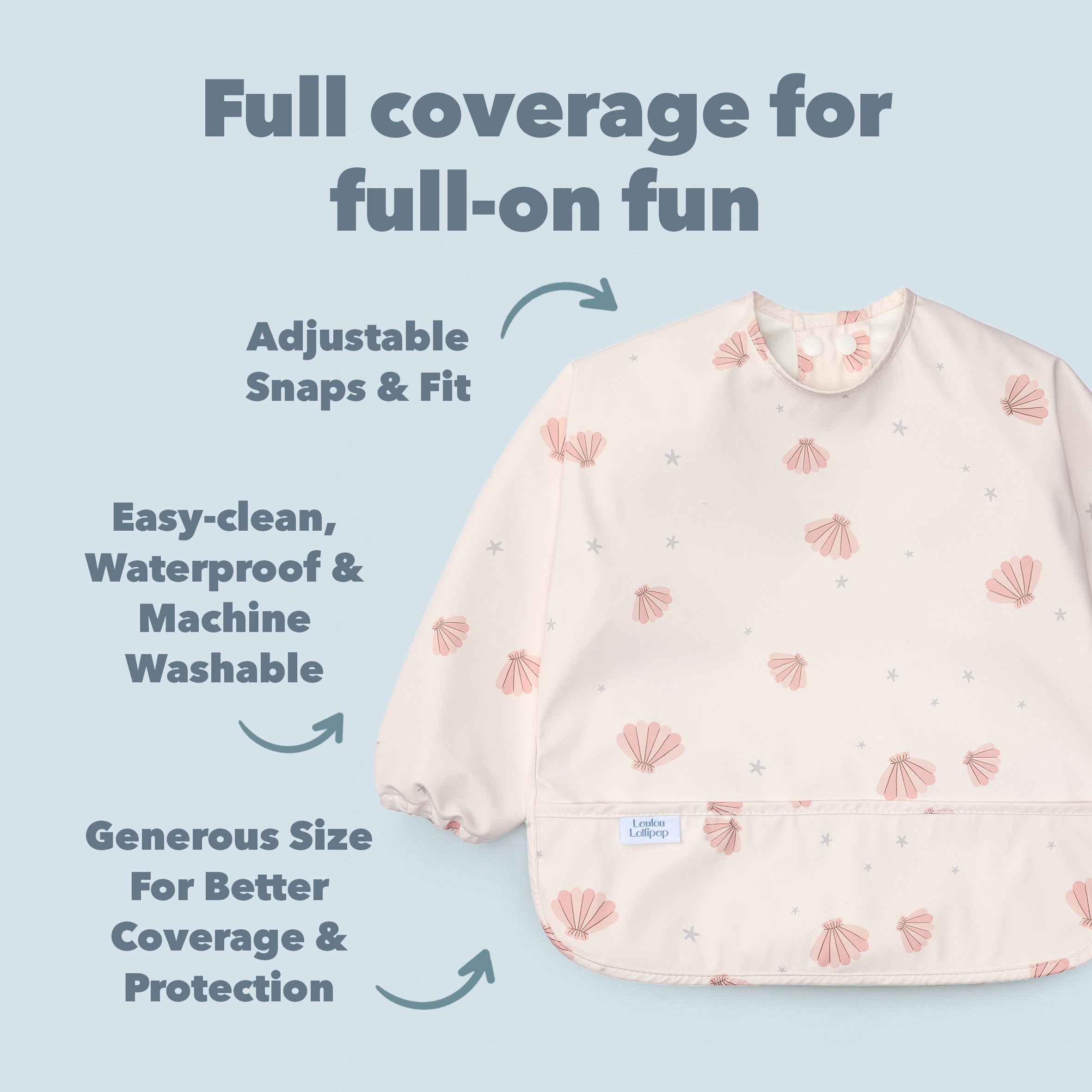 Sea Shells Long Sleeve Bibs on a light blue background with text about features.