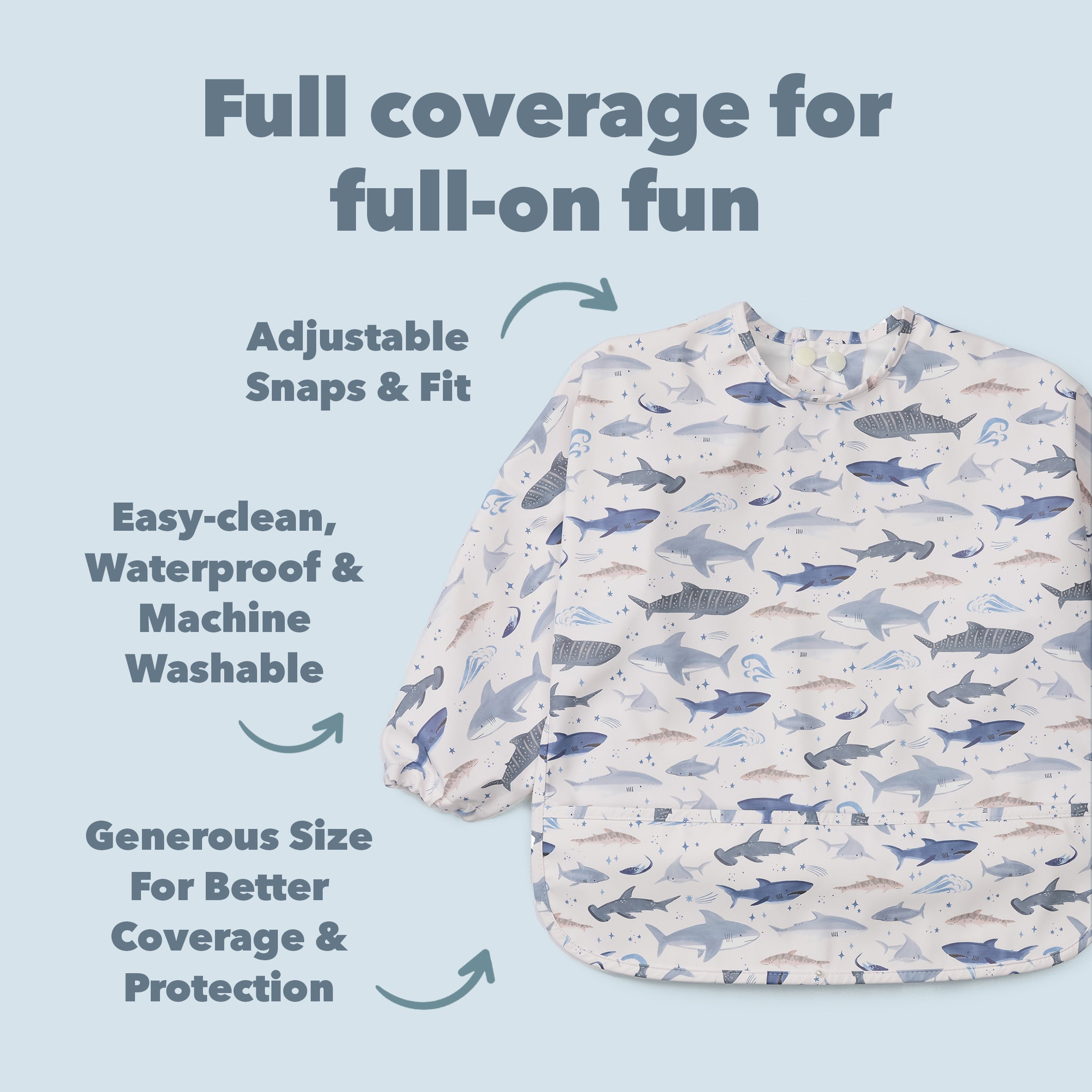 Smiley Sharks Long Sleeve Bib on a light blue background with text about features