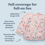 Unicorn Ballet Long Sleeve Bibs on a light blue background, featuring text about its features