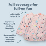 Unicorn Ballet Long Sleeve Bibs on a light blue background, featuring text about its features