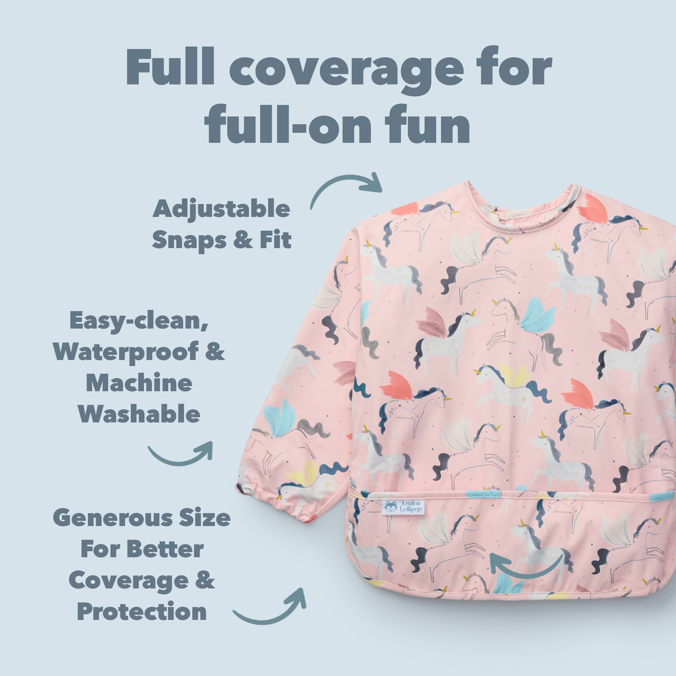 Unicorn Ballet Long Sleeve Bibs on a light blue background, featuring text about its features