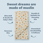 French Breakfast Muslin Swaddle on a light blue background with text about muslin cloth benefits.