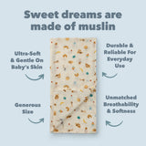 French Breakfast Muslin Swaddle on a light blue background with text about muslin cloth benefits.