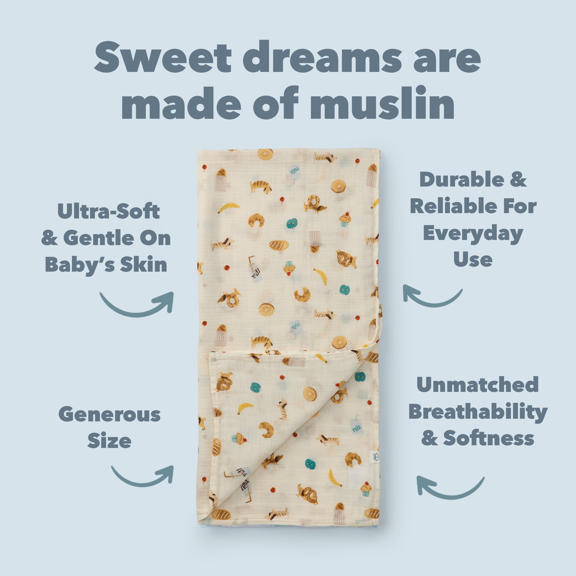 French Breakfast Muslin Swaddle on a light blue background with text about muslin cloth benefits.