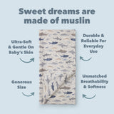 Smiley Sharks Muslin swaddle on a light blue background with text about muslin fabric.
