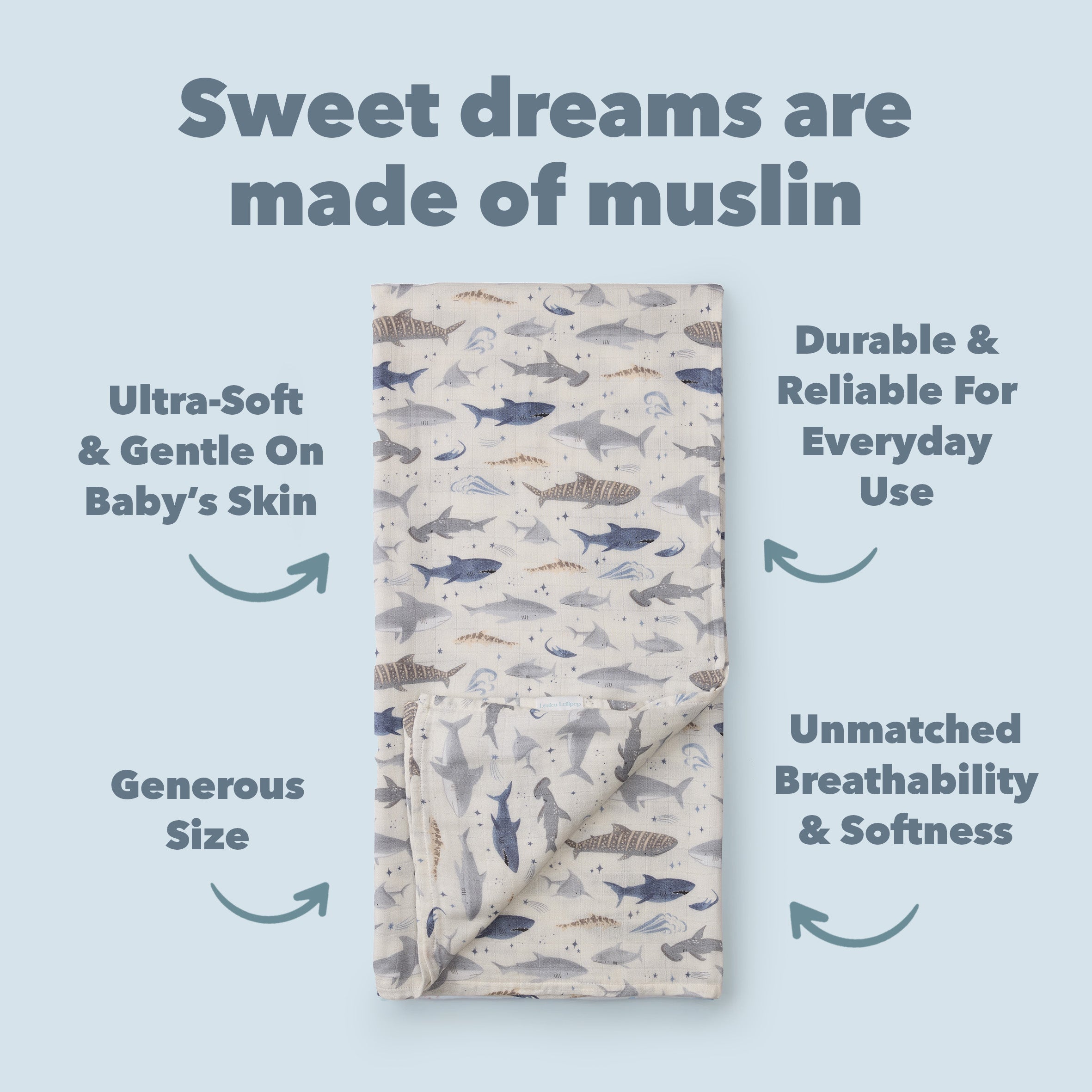 Smiley Sharks Muslin swaddle on a light blue background with text about muslin fabric.