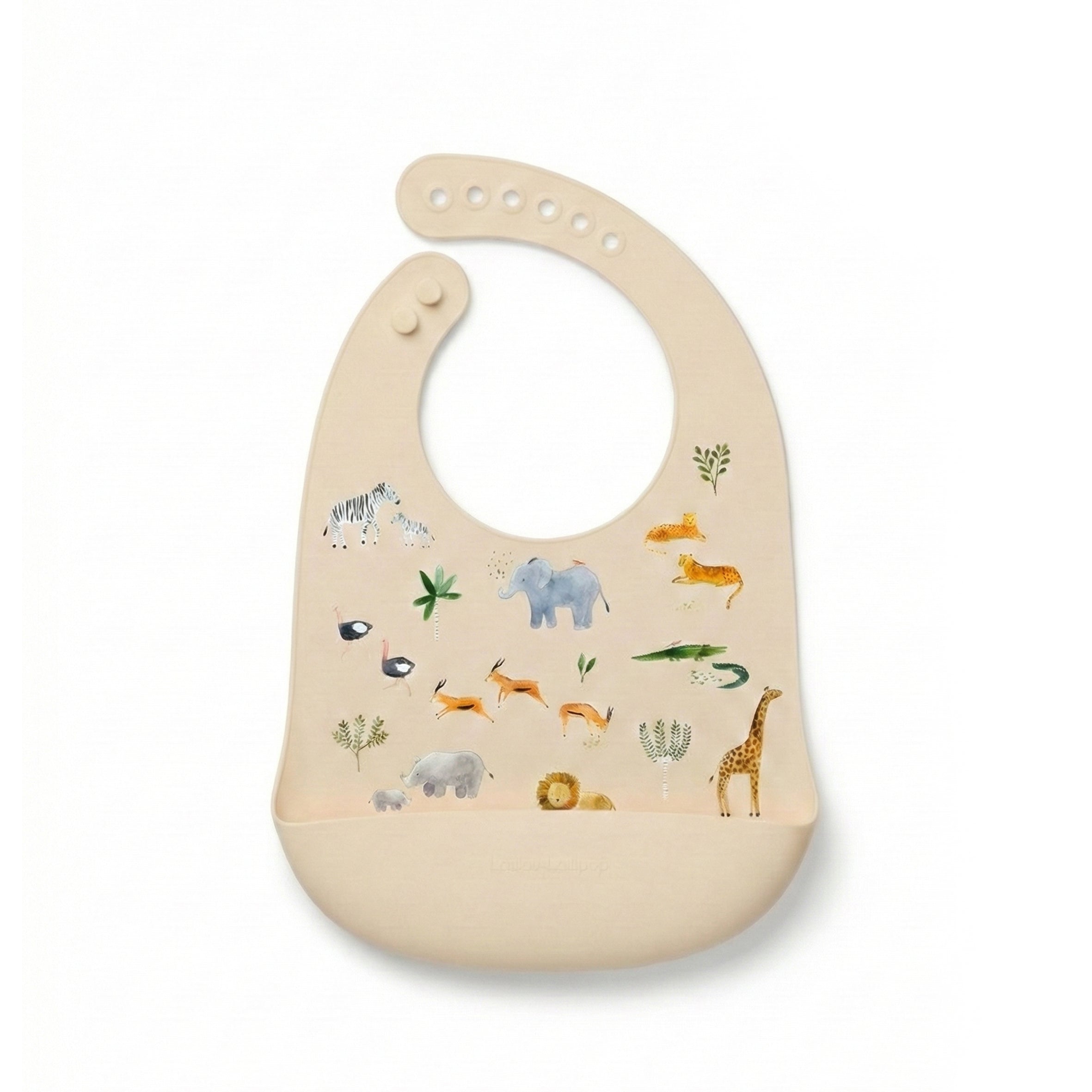 The Safari Jungle, silicone baby bib with a  safari animal print, including an elephant, giraffe, zebra, and lion.