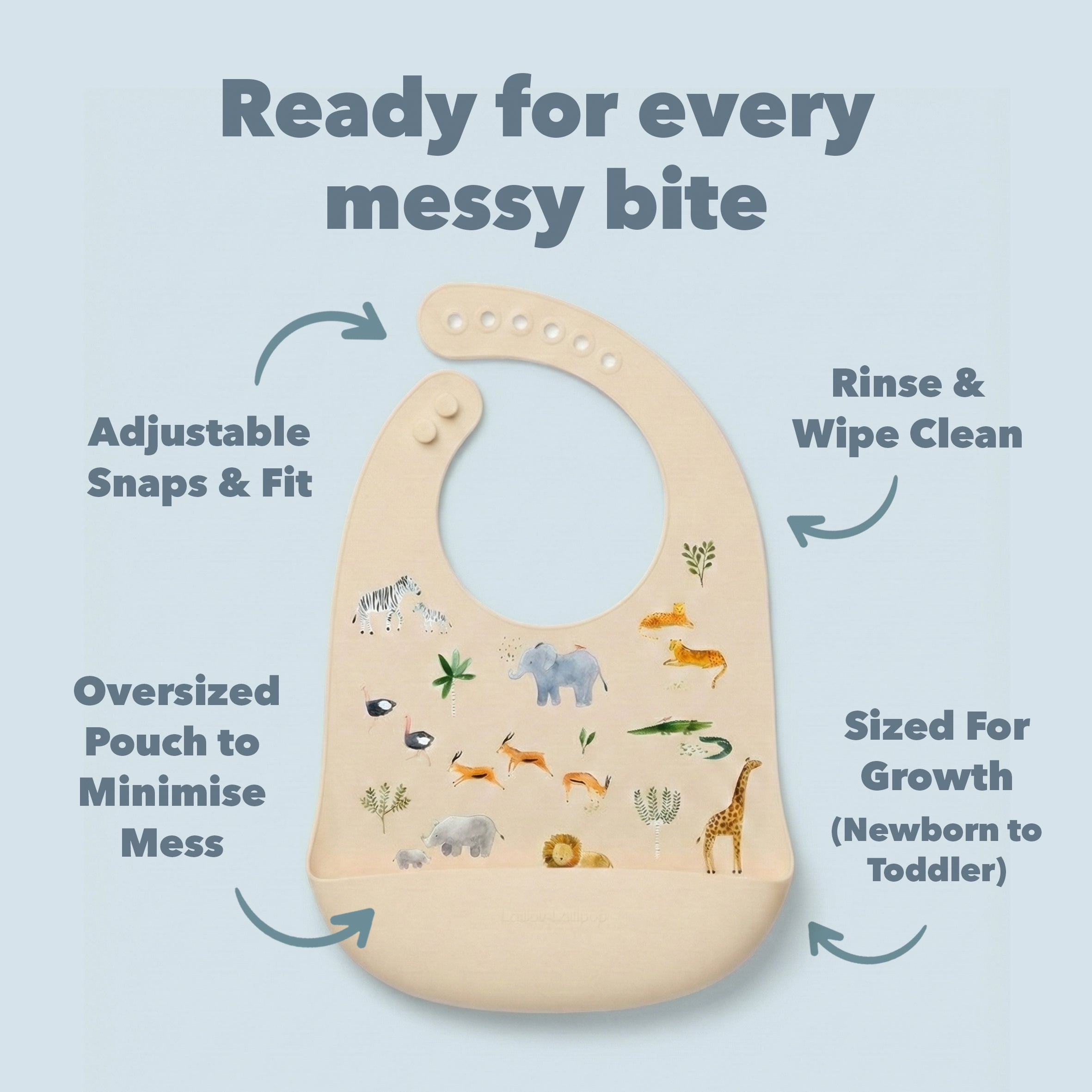 The Safari Jungle silicone bib, with descriptive text and arrows highlighting features like adjustable snaps, oversized mess pocket, and washability.