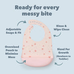 Sea Shells Silicone bib on a light blue background, featuring text about its features.