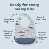 Smiley Sharks Silicone bib on a light blue background, featuring text about its features.