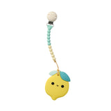 A picture of The Lemon teething clip with a creme and turquoise beaded strap