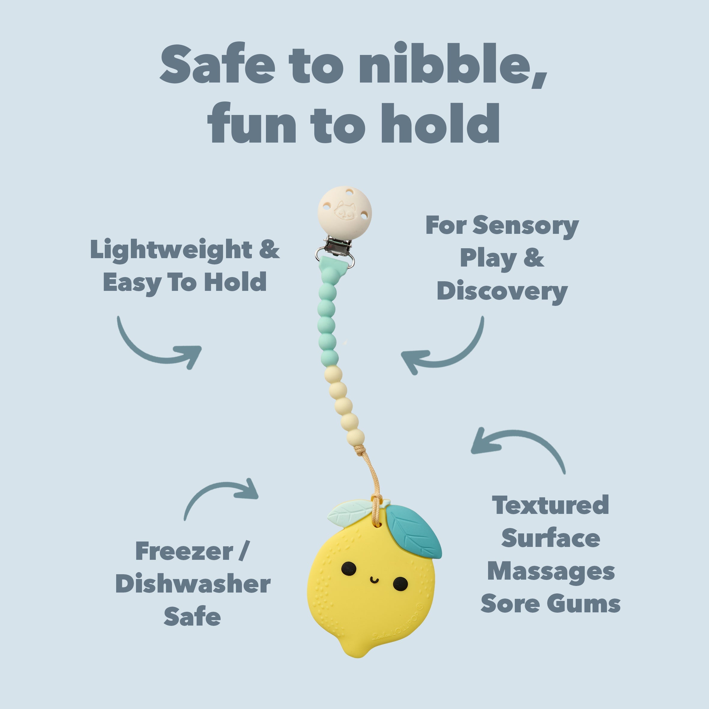 A picture of The Lemon teething clip with a creme and turquoise beaded strap and the title saying "Safe to nibble, fun to hold".