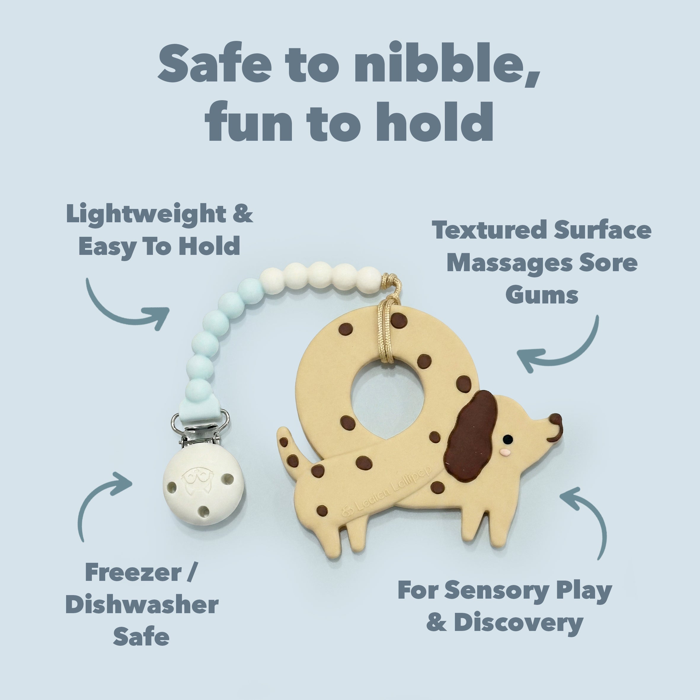 Pretzel Dog teething clip on a light blue background with text about its features.