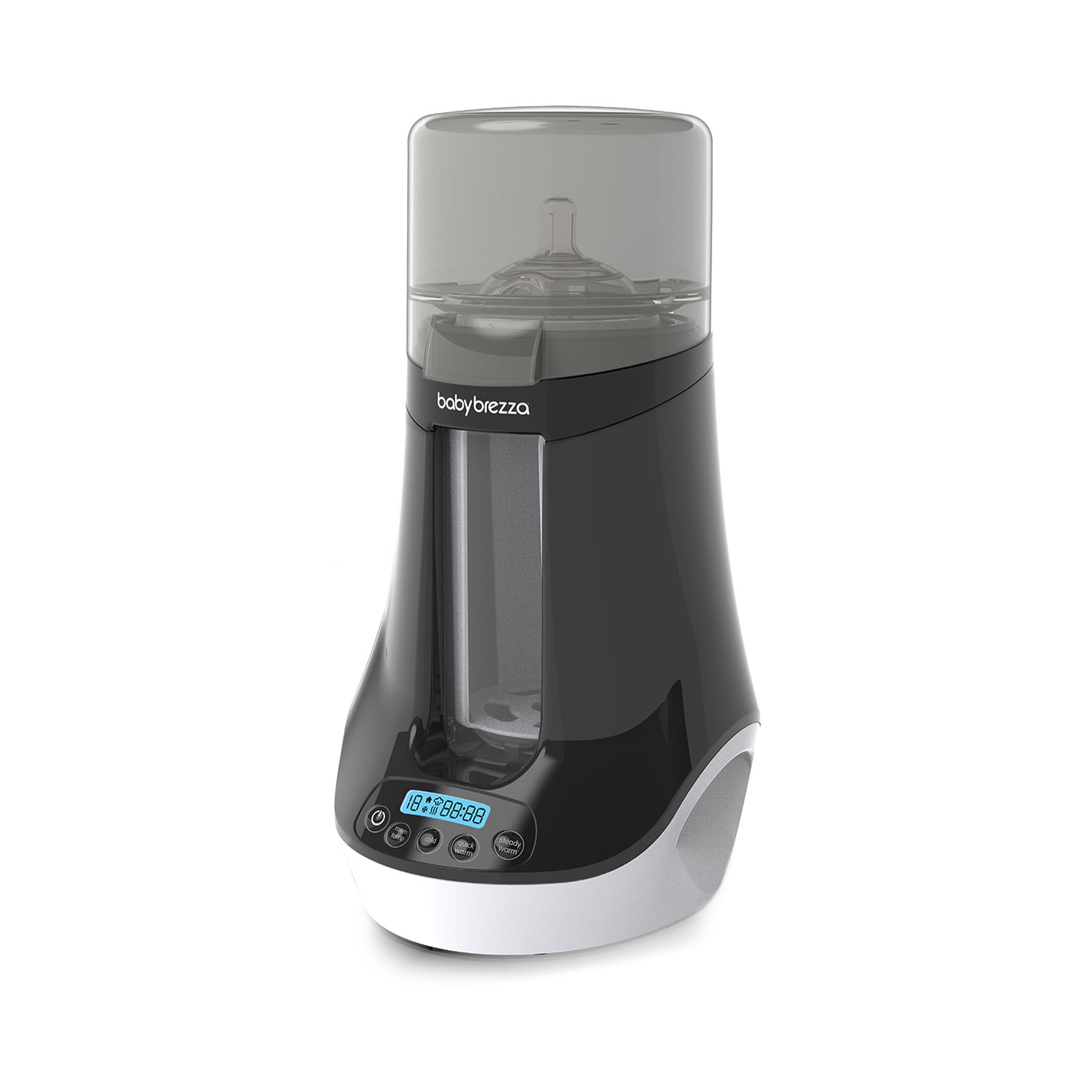Baby Brezza Bottle & Breast Milk Warmer with a clear cover, a digital display, and circular control buttons on the front base.
