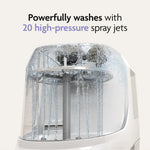 The Baby Brezza Bottle Washer Pro® - All Black uses 20 high-pressure spray jets for powerful cleaning inside a transparent chamber—a fully automatic bottle cleaner by Baby Brezza for your bottle washing routine.