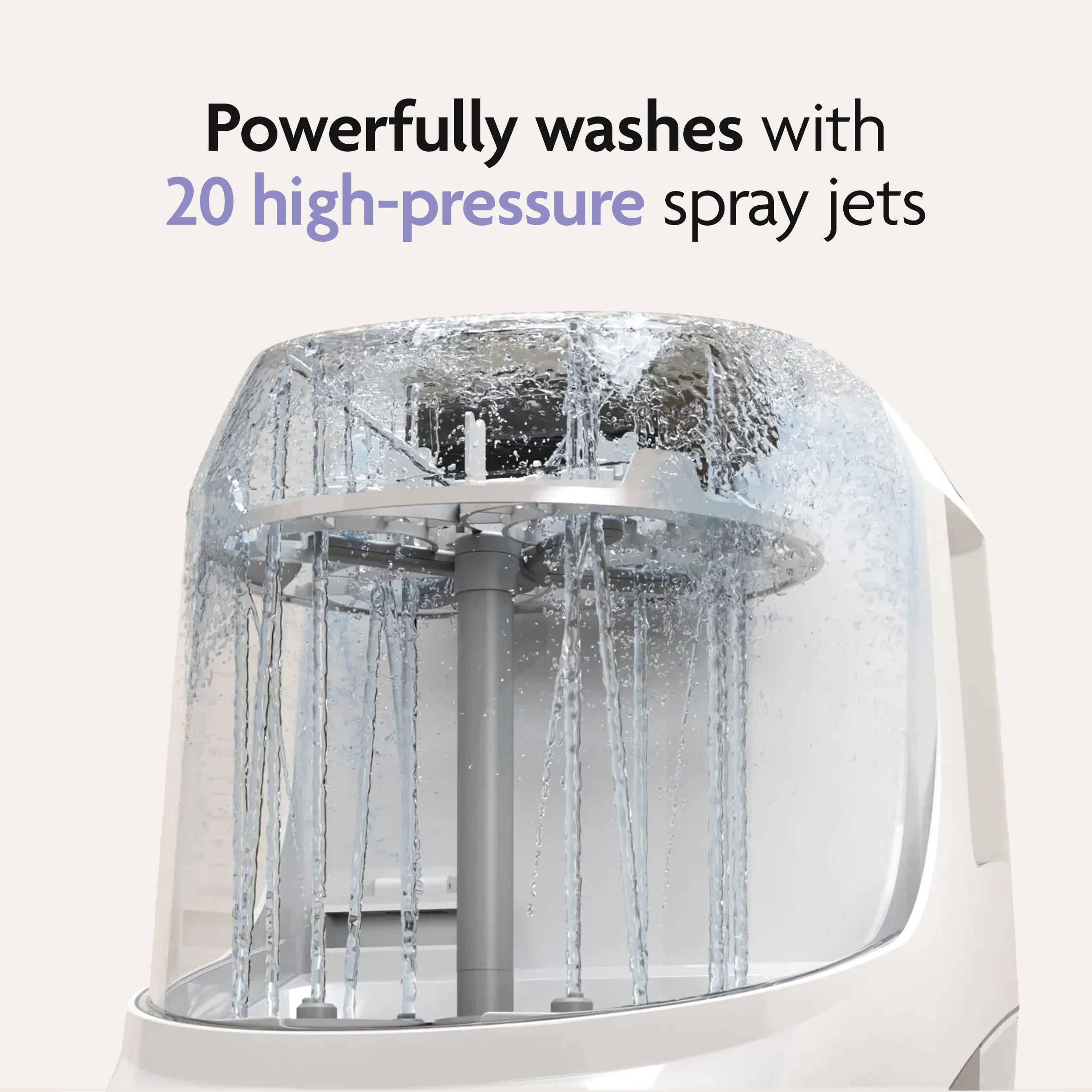 The Baby Brezza Bottle Washer Pro® - All Black uses 20 high-pressure spray jets for powerful cleaning inside a transparent chamber—a fully automatic bottle cleaner by Baby Brezza for your bottle washing routine.