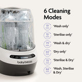 Image of the Baby Brezza Bottle Washer Pro® - All Black with bottles inside and splashing water. Text highlights 6 modes: Wash only, Sterilise only, Wash & dry, Dry only, Sterilise & dry, and Wash, sterilise & dry by Baby Brezza.