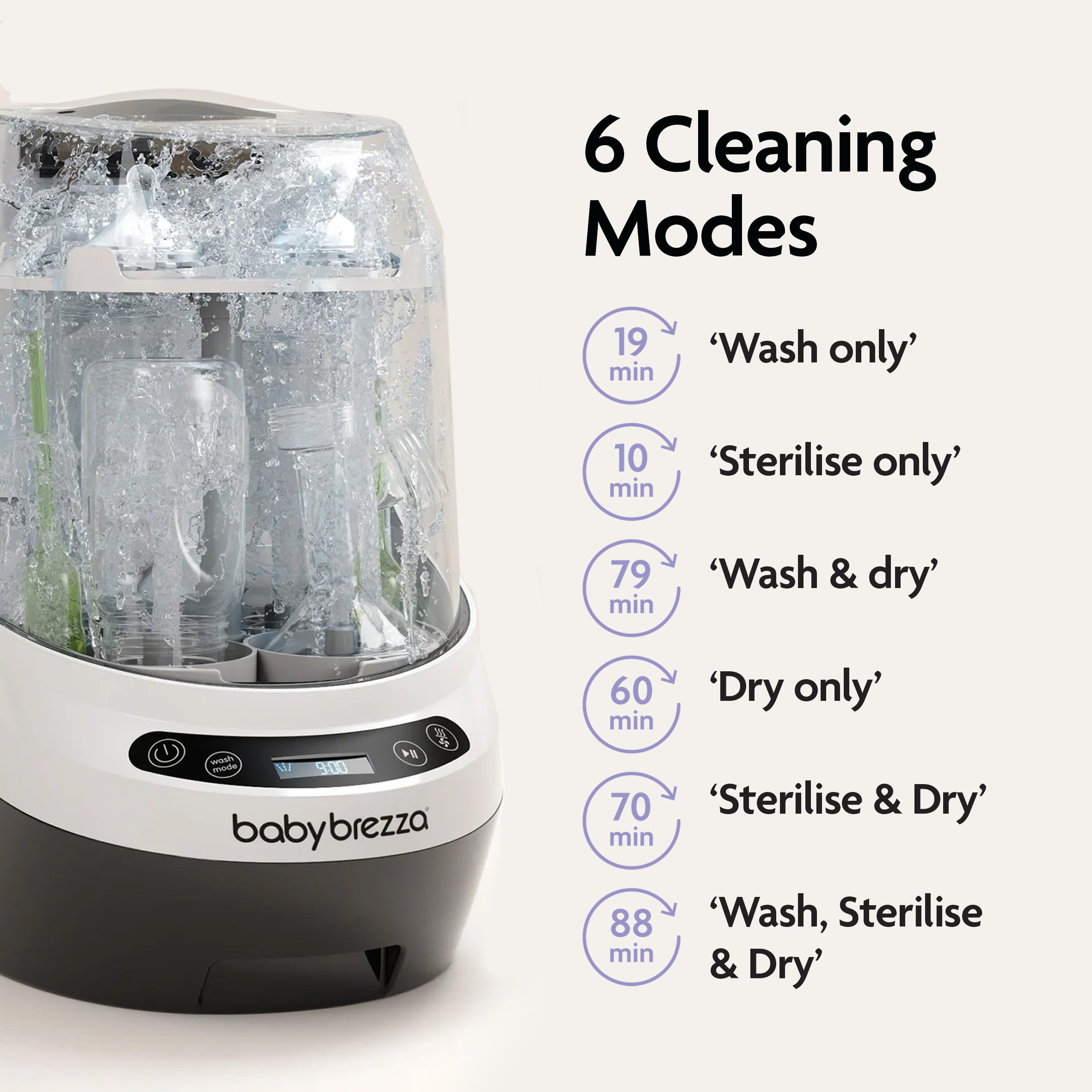 Image of the Baby Brezza Bottle Washer Pro® - All Black with bottles inside and splashing water. Text highlights 6 modes: Wash only, Sterilise only, Wash & dry, Dry only, Sterilise & dry, and Wash, sterilise & dry by Baby Brezza.