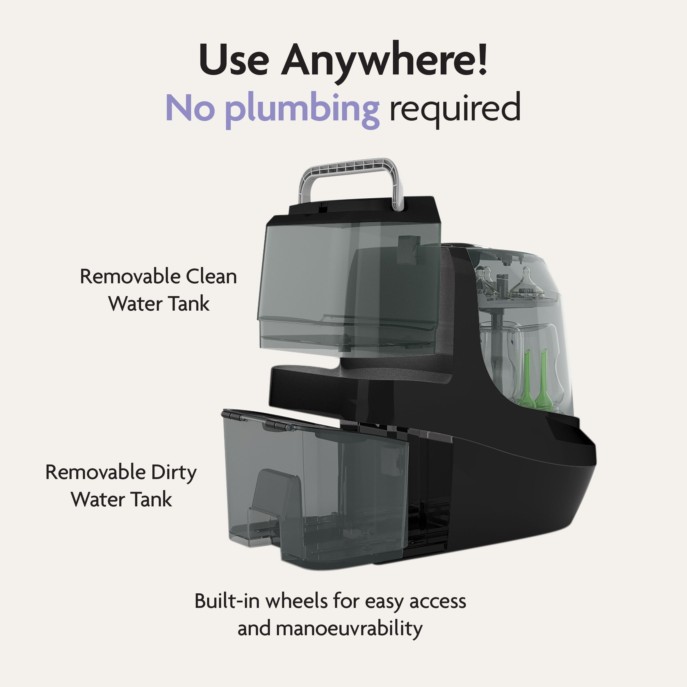 The Baby Brezza Bottle Washer Pro® - All Black is a compact, automatic bottle cleaner with labeled removable clean and dirty water tanks, built-in wheels, and “Use Anywhere! No plumbing required” text on a light background.
