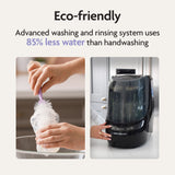 Two images: one shows a hand washing a baby bottle, the other features the Baby Brezza Bottle Washer Pro® - All Black. Text above highlights that this Baby Brezza sterilizer uses less water than traditional handwashing.