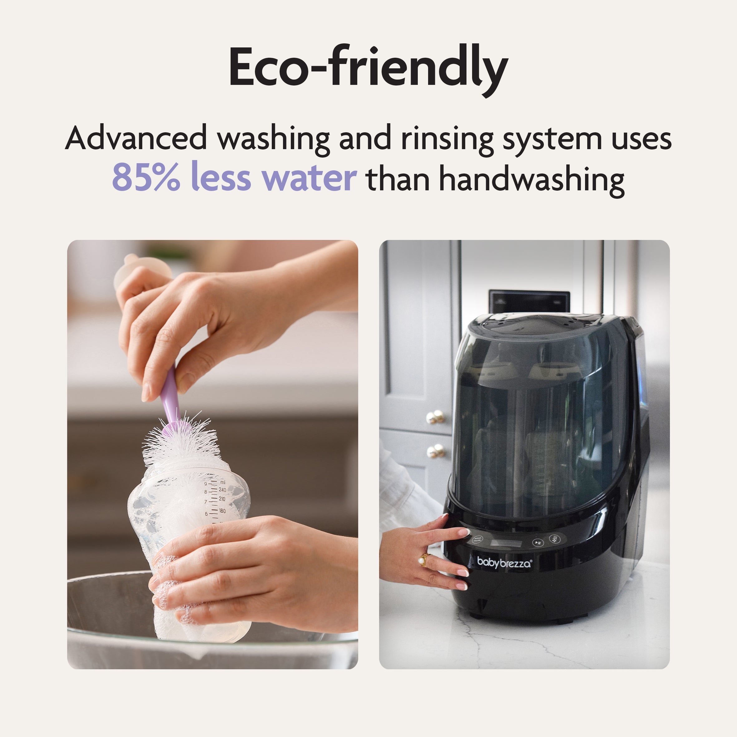 Two images: one shows a hand washing a baby bottle, the other features the Baby Brezza Bottle Washer Pro® - All Black. Text above highlights that this Baby Brezza sterilizer uses less water than traditional handwashing.