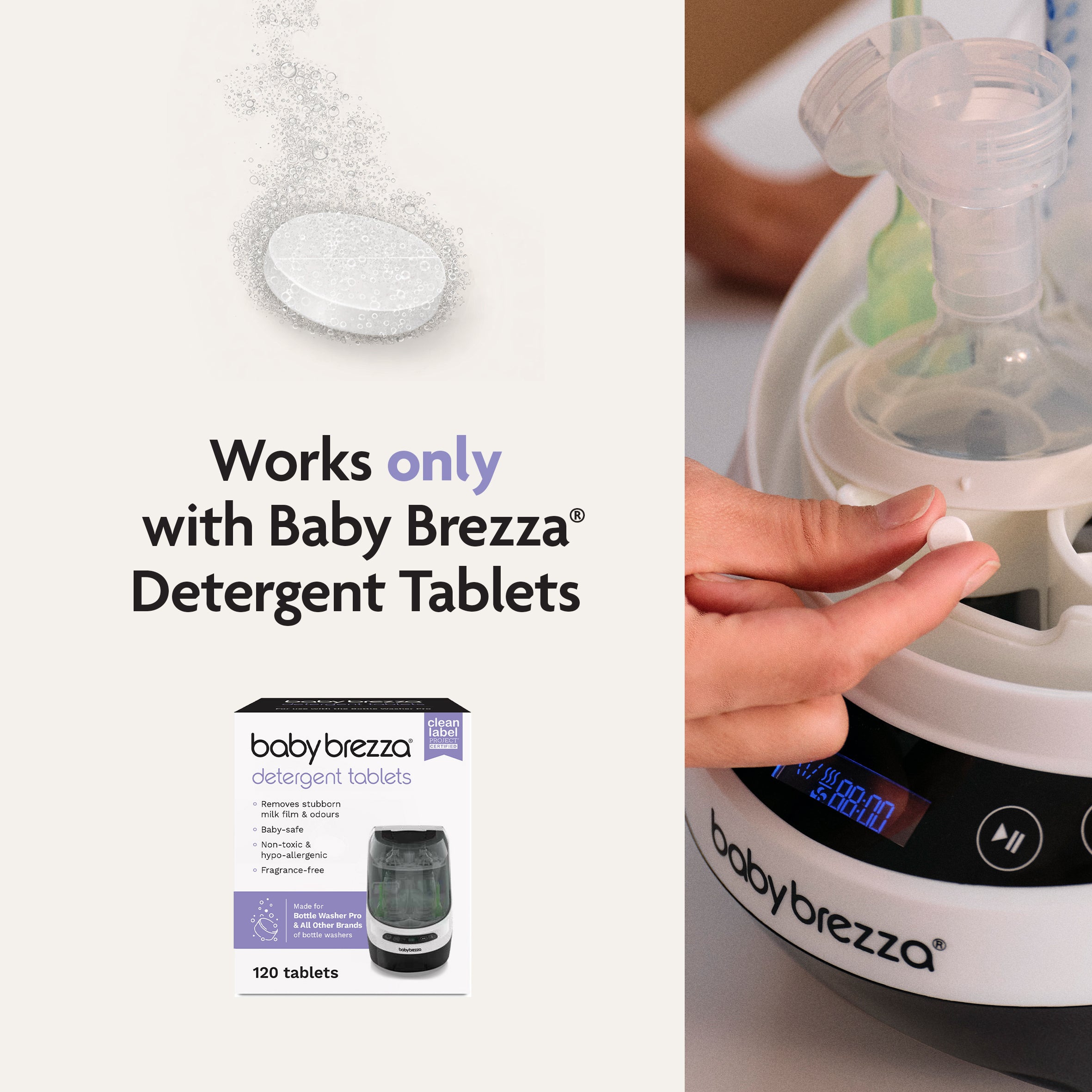 A detergent tablet dissolves as a hand loads bottles into the Baby Brezza Bottle Washer Pro® - All Black. Text reads, “Works only with Baby Brezza Detergent Tablets.” The detergent tablets box appears at the bottom.