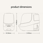 Line drawing of the Baby Brezza Bottle Washer Pro® - All Black with labeled dimensions: height 390mm, width 250mm, depth 470mm. Features front and side views, with "Product Dimensions" displayed above. Brand: Baby Brezza.