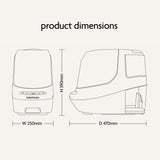Line drawing of the Baby Brezza Bottle Washer Pro® - All Black with labeled dimensions: height 390mm, width 250mm, depth 470mm. Features front and side views, with "Product Dimensions" displayed above. Brand: Baby Brezza.