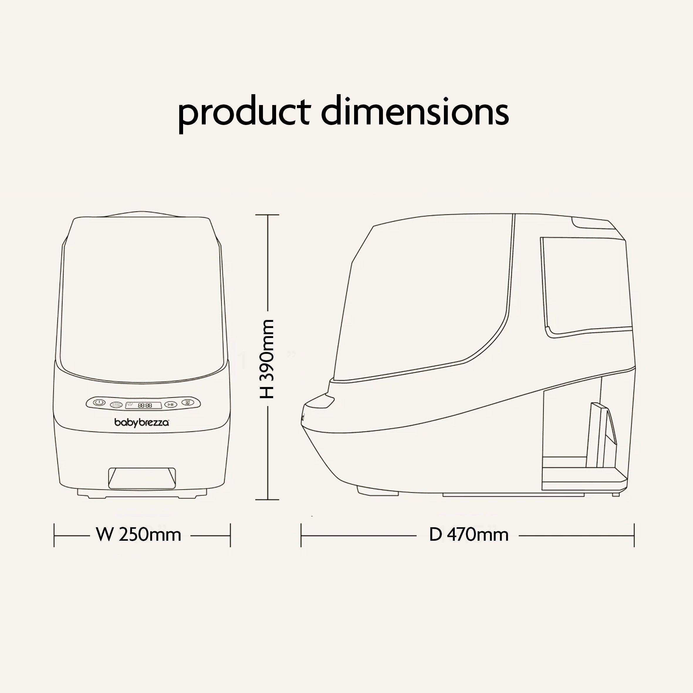 Line drawing of the Baby Brezza Bottle Washer Pro® - All Black with labeled dimensions: height 390mm, width 250mm, depth 470mm. Features front and side views, with "Product Dimensions" displayed above. Brand: Baby Brezza.