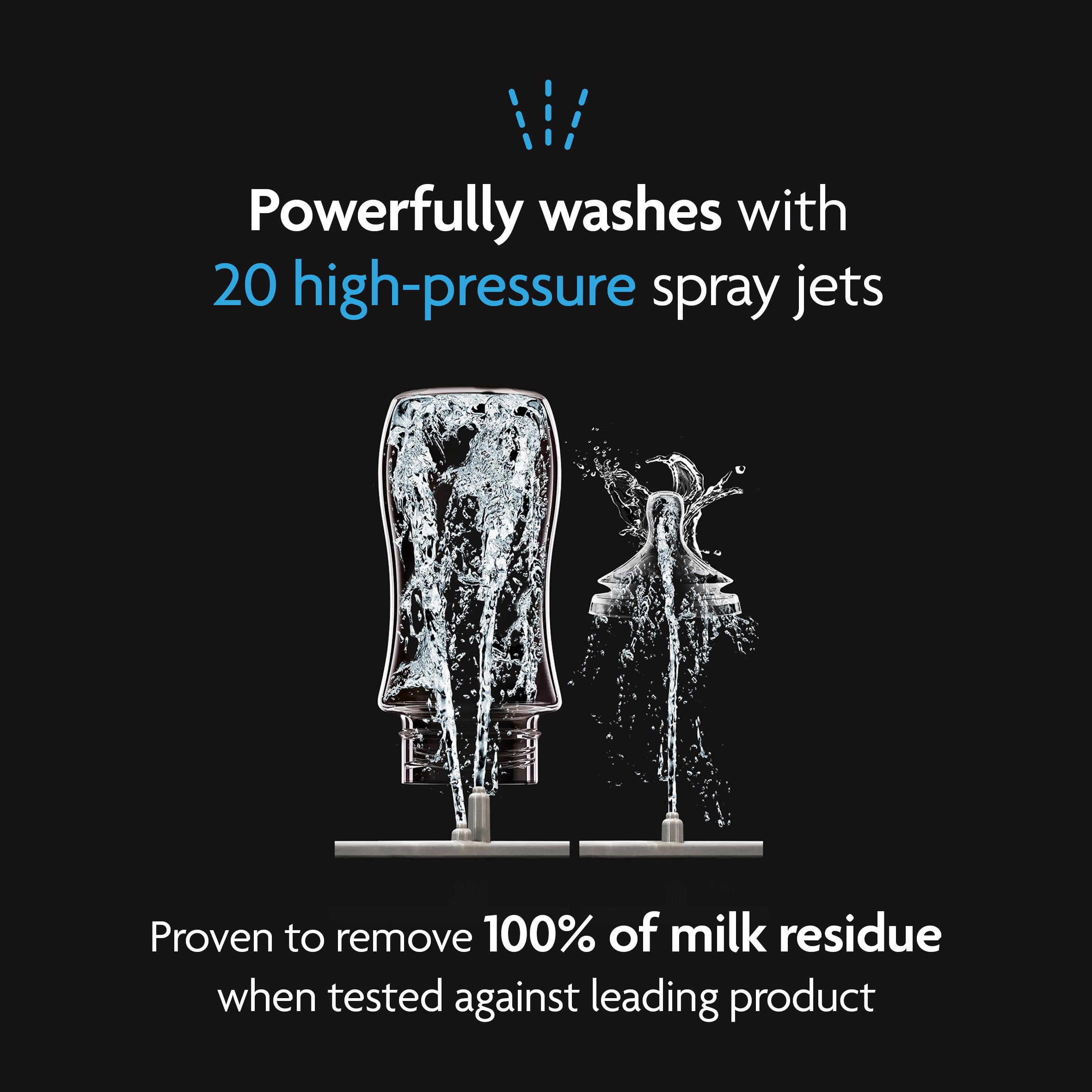 The PRE-LOVED: Baby Brezza Bottle Washer Pro® - All Black from Pre-Loved by Cheeky Rascals uses 20 high-pressure spray jets for thorough milk residue removal, delivering superior cleaning versus regular washing.