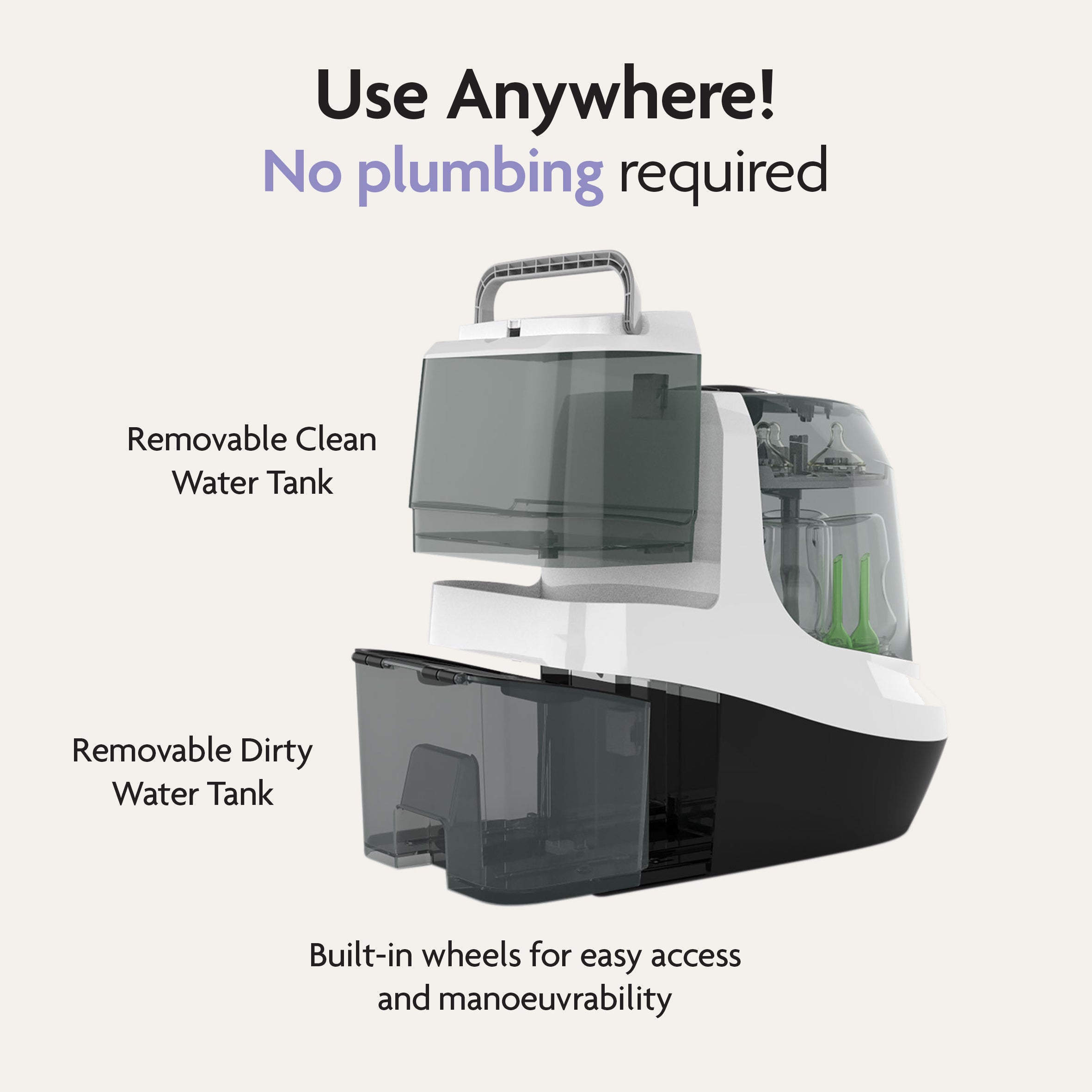 A portable white PRE-LOVED: Baby Brezza Bottle Washer Pro® - Classic White featuring a top clean water tank, a bottom dirty water tank, and built-in wheels, designed to operate with no plumbing required.