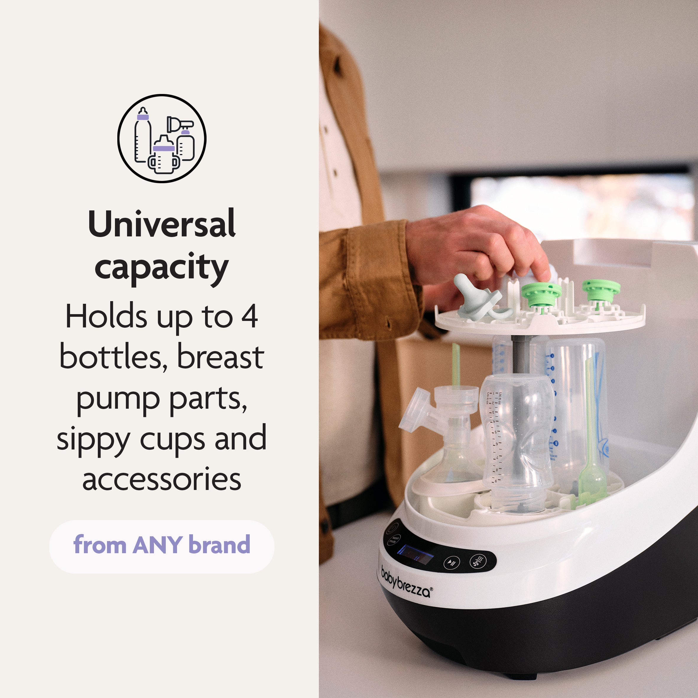 A person loads baby bottles and pump parts into a white PRE-LOVED: Baby Brezza Bottle Washer Pro® - Classic White, next to text highlighting its universal capacity for up to 4 bottles and accessories.