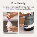 A side-by-side comparison of a baby bottle being hand-washed with a brush next to a Pre-Loved: Baby Brezza Bottle Washer Pro® - Classic White, demonstrating the machine’s eco-friendly design that uses 85% less water.