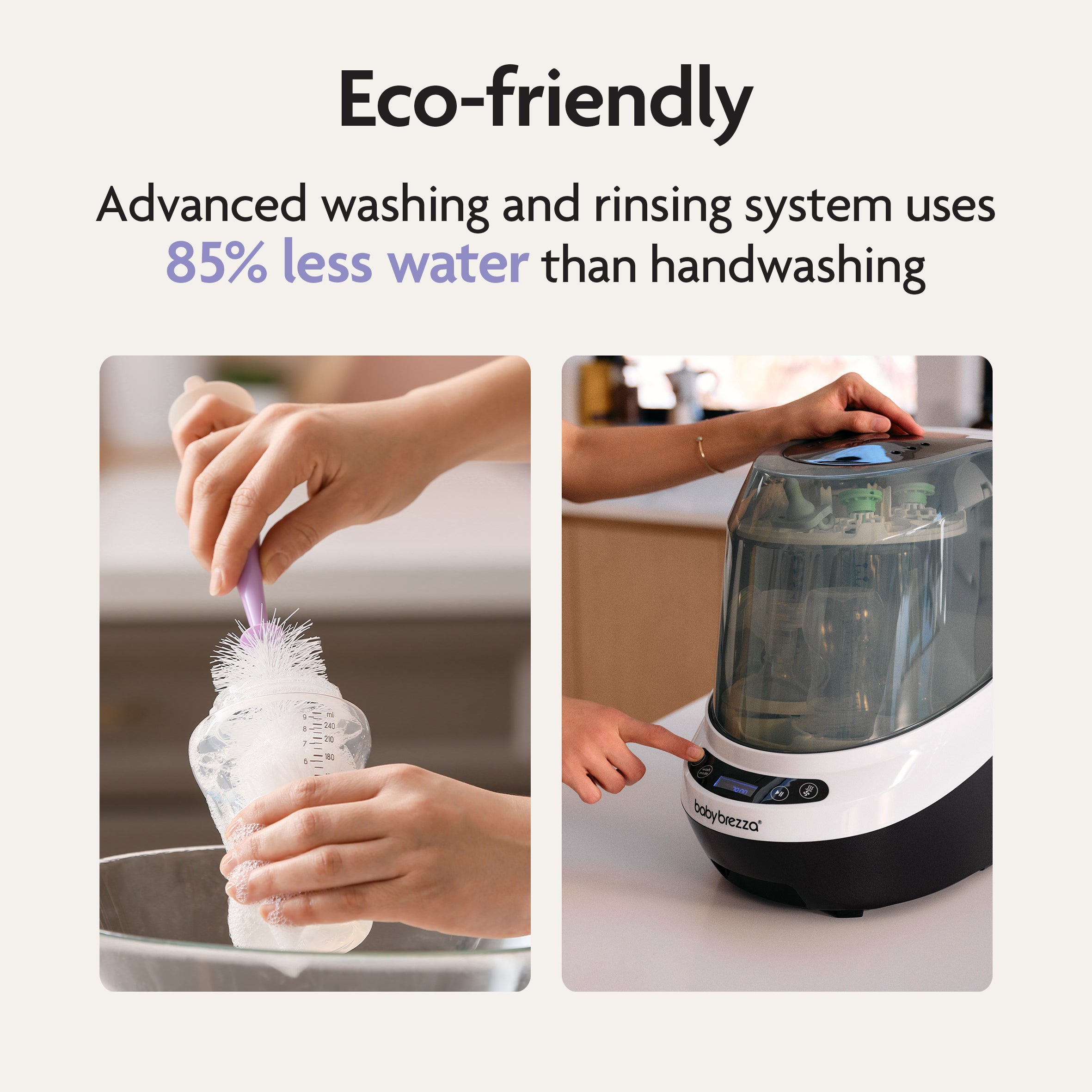 A side-by-side comparison of a baby bottle being hand-washed with a brush next to a Pre-Loved: Baby Brezza Bottle Washer Pro® - Classic White, demonstrating the machine’s eco-friendly design that uses 85% less water.