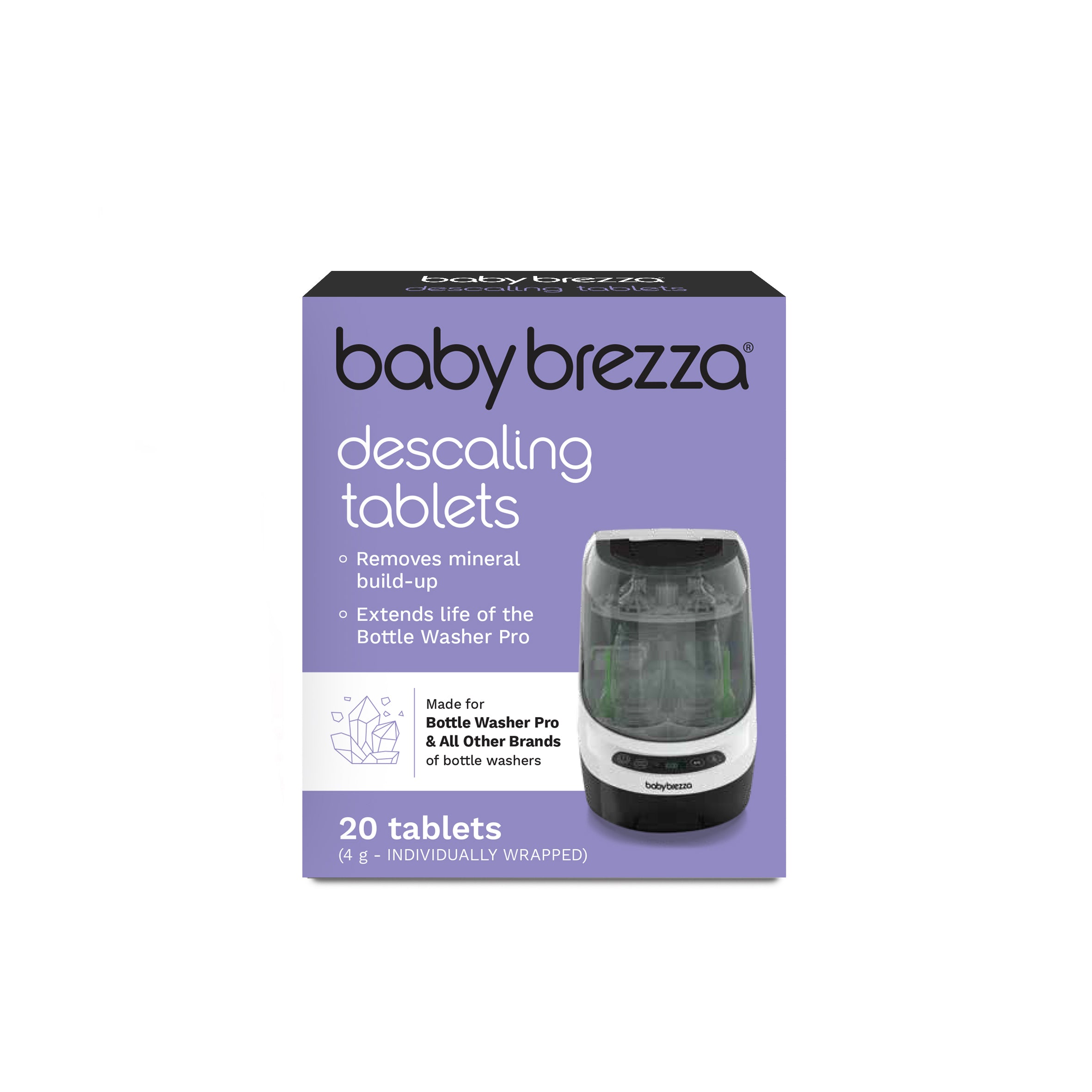 Box of twenty Baby Brezza Bottle Washer Pro Descaling Tablets in a purple package showing product benefits and an image of a bottle washer machine.