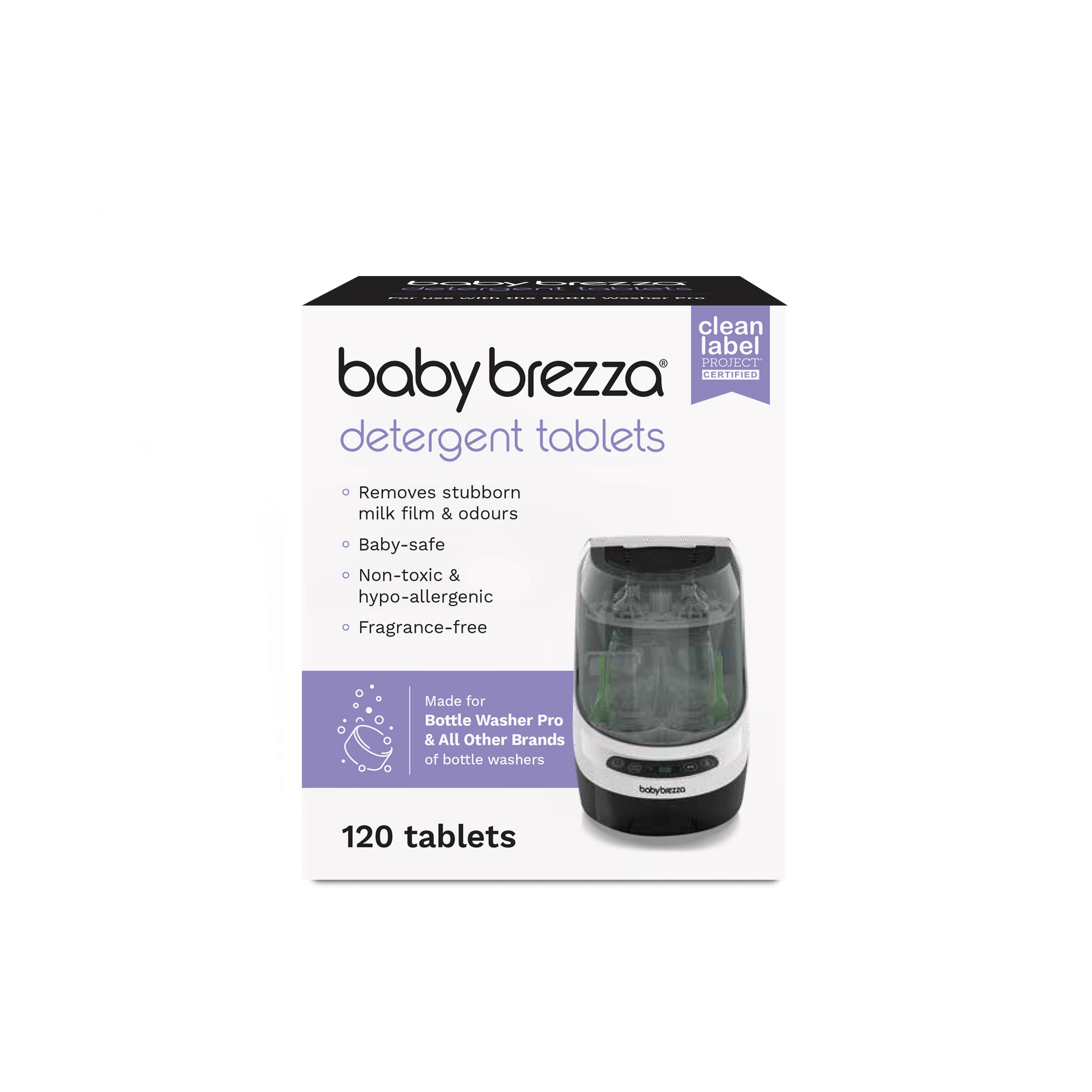 A box of 120 fragrance-free and non-toxic Baby Brezza Bottle Washer Pro® Detergent Tablets.