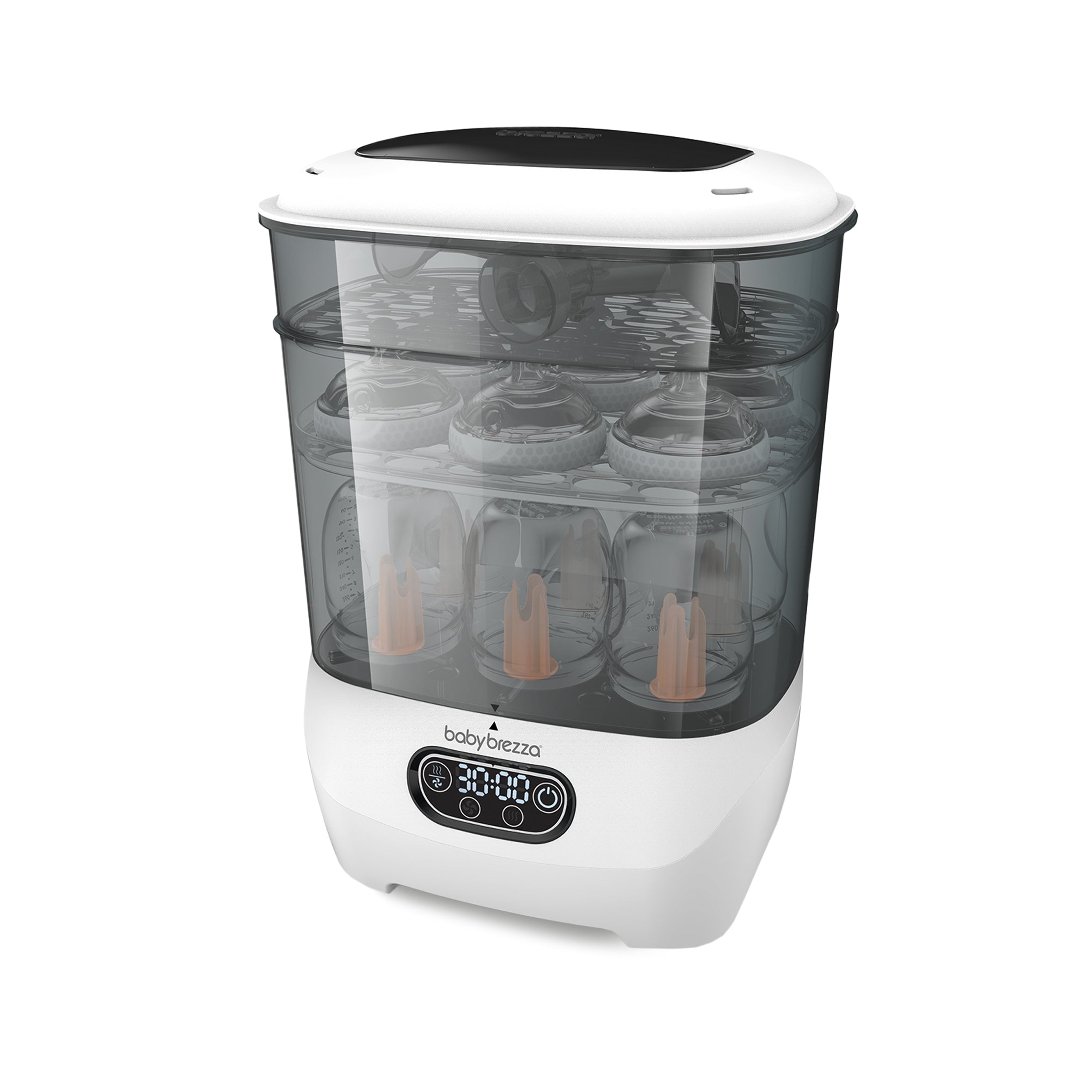 Baby Brezza Steriliser Dryer Advanced electric baby bottle steriliser and dryer with a transparent tiered chamber holding bottles and a digital display screen on the base.