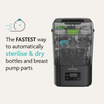 A black Baby Brezza SuperQuick Steriliser Dryer is shown with bottles and pump parts inside, next to text reading: The FASTEST way to automatically sterilise & dry bottles and breast pump parts, with a stopwatch illustration.