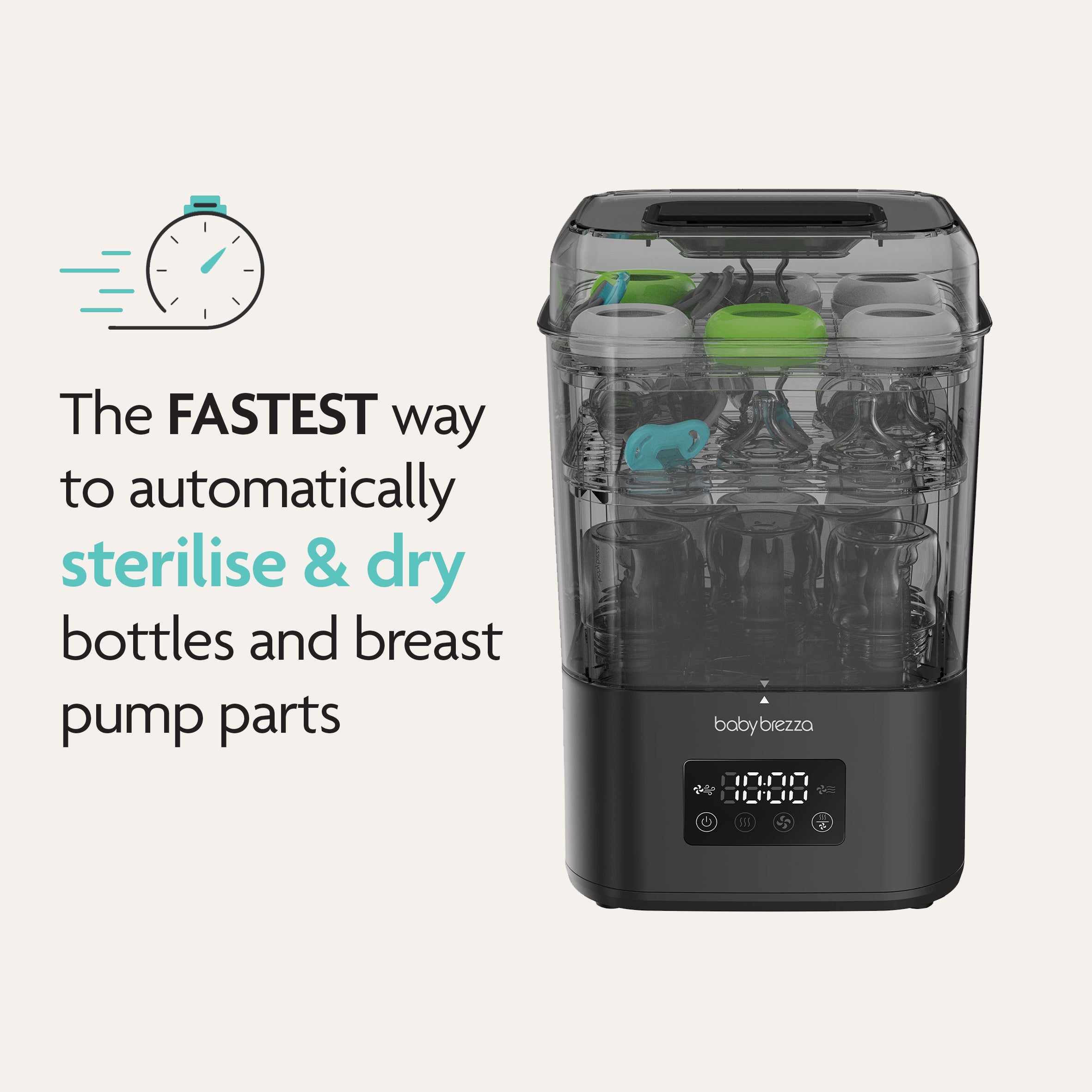 A black Baby Brezza SuperQuick Steriliser Dryer is shown with bottles and pump parts inside, next to text reading: The FASTEST way to automatically sterilise & dry bottles and breast pump parts, with a stopwatch illustration.