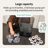 A person loads bottles and breast pump parts into the Baby Brezza SuperQuick Steriliser Dryer. Text: "Largest capacity—holds 8 bottles, 2 full pump part sets (even wearables), and accessories from any brand.