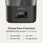 A close-up of the black Baby Brezza SuperQuick Steriliser Dryer with digital display and controls, featuring 4-in-1 functions: Sterilise & Dry, Sterilise Only, Dry Only, and Storage System—perfect for extra-large capacity needs.